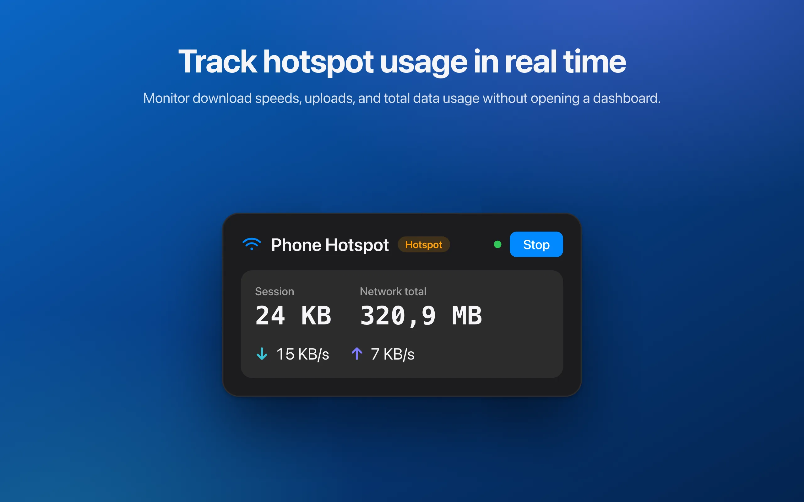 Hotspot Meter popover showing live download and upload speeds and session data usage for a phone hotspot