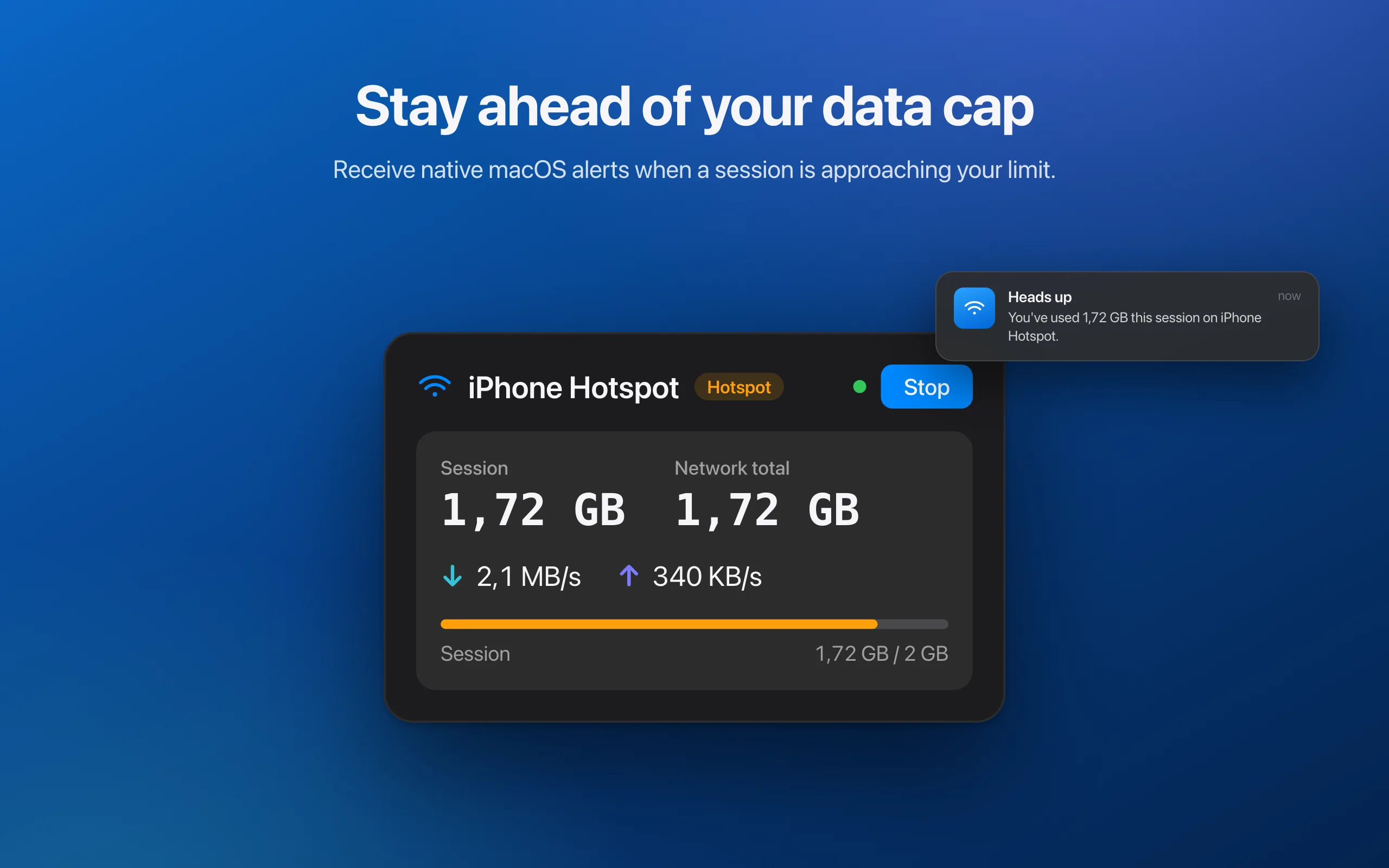Hotspot Meter usage alert — a native macOS notification when data usage crosses the configured limit